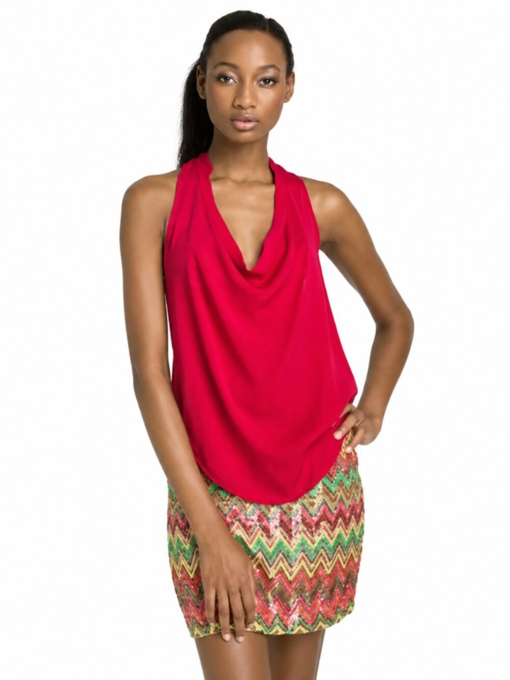 Haute Hippie Raspberry Red Cowl Neck Sleeveless Draped Blouse Small